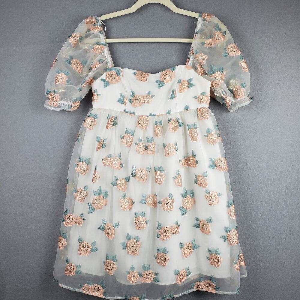 Altar'd‎ State Size XS Floral Chiffon Puff Sleeve Mini Dress Pink Rosette Fairy